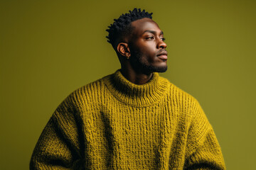 Young Black man posing in a chartreuse sweater against green background  