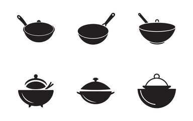 Collection of Black and White Kitchenware Illustrations Featuring Pots and Pans Cooking Utensils for Culinary Arts and Design Projects