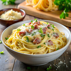 Delicious spaghetti carbonara with bacon and parsley in a bowl