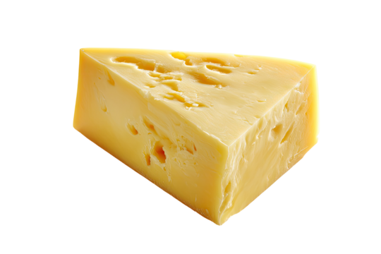 A triangular wedge of pale yellow cheese with holes