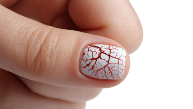 PNG of Close-up of a manicured hand with striking red and white cracked nail design, showcasing creativity and style.