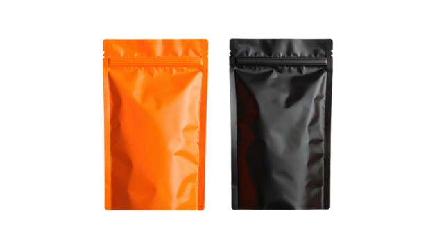 Two sealed pouch bags, one bright orange and the other dark gray, stand side-by-side against a solid black backdrop