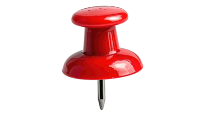 Single, red pushpin stands against a black background, well-lit and glossy. High-angle view emphasizes details