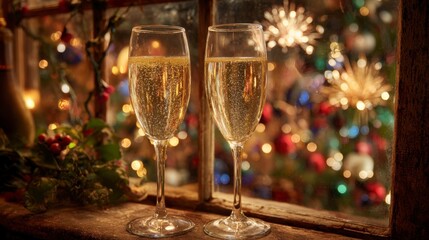 Photorealistic Close-Up of Glasses with Fireworks Bokeh.