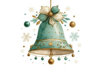 Watercolor Mid-Century Christmas Bell with Ornaments and Garland