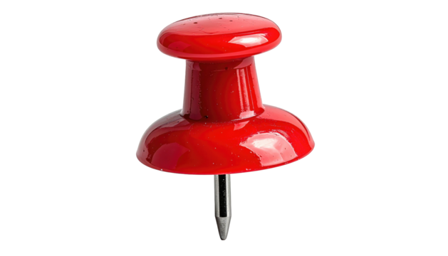 Single, red pushpin stands against a black background, well-lit and glossy. High-angle view emphasizes details