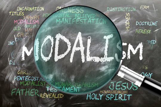 Modalism being studied, examined - under close inspection. Most important subjects and ideas closely related to modalism written on a blackboard inspected by a magnifying glass. ,3d illustration