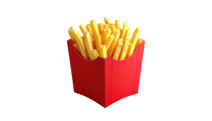 A vibrant, graphic depiction of french fries overflowing from a red cardboard container against a stark black background