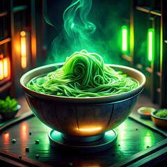 Vibrant green noodles steaming in a rustic bowl with glowing lights