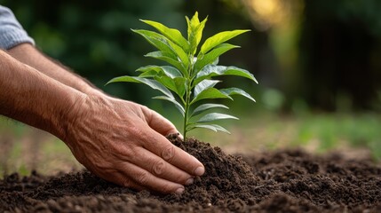 Close up of hands planting a young green sapling tree in fertile soil outdoors