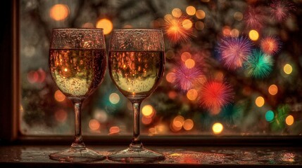 Festive New Year&rsquo;s Eve Glasses and Colorful Fireworks.