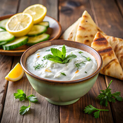 Fresh tzatziki dip with pita bread lemon and cucumber slices