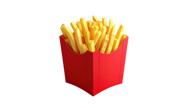 A vibrant, graphic depiction of french fries overflowing from a red cardboard container against a stark black background