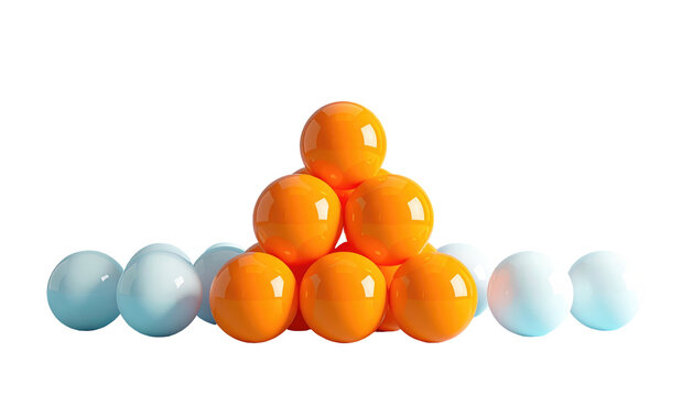 Pyramid of orange spheres is flanked by rows of paler spheres on a stark, isolating black background