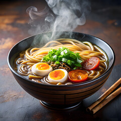 Steaming bowl of delicious ramen noodles with egg and vegetables