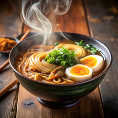 Steaming bowl of delicious ramen noodles with egg and green onions