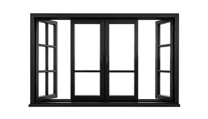 A black window frame is centered in darkness, its four panes revealing void as two are slightly ajar