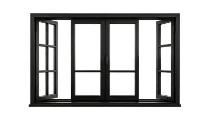 A black window frame is centered in darkness, its four panes revealing void as two are slightly ajar