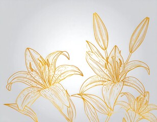 Elegant gold line art illustration of lilies against a soft, light gray gradient backdrop