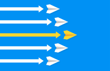 Fototapeta premium Paper planes flying in the same direction, with one yellow plane standing out, symbolizing focus, leadership, and direction