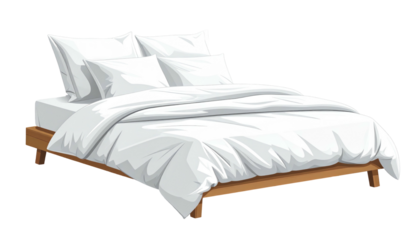 A bed with pristine white sheets and pillows, sitting on a light wooden frame, set against a black background