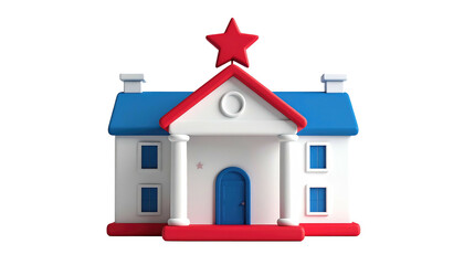 Cartoon-style white building with a blue roof, red accents, and a star on top on a transparent background