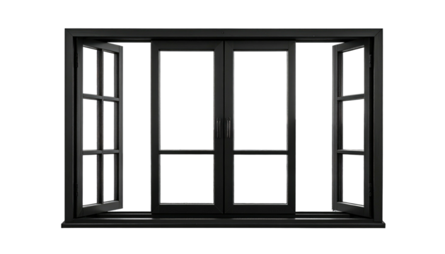A black window frame is centered in darkness, its four panes revealing void as two are slightly ajar