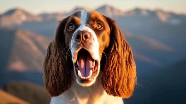 English Springer Spaniel Dog Panting Happy Outdoors Mountain Sunset Golden Hour Warm Light Joyful