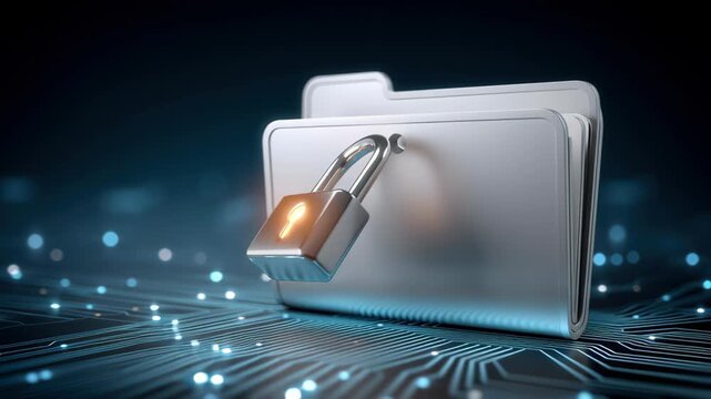 Data security folder lock padlock file protecting confidential files glowing digital circuit board