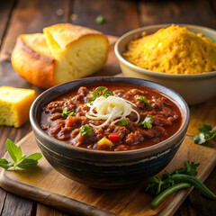 Hearty bowl of chili topped with cheese and served with cornbread