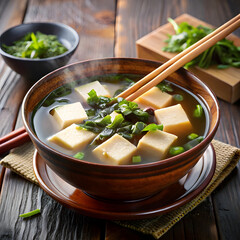 Steaming bowl of miso soup with tofu and seaweed on wooden table