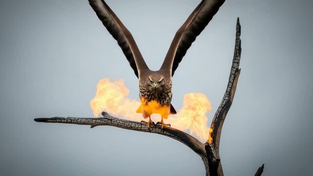 Majestic buzzard bird perched on a burning branch with wings spread against a muted sky