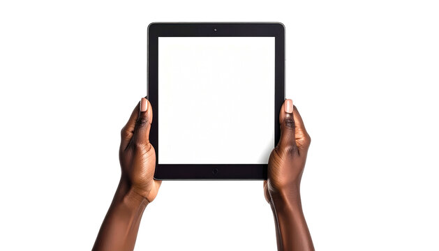 Hands holding a tablet with a white screen against a plain black background