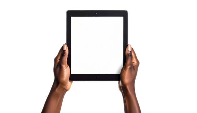 Hands holding a tablet with a white screen against a plain black background