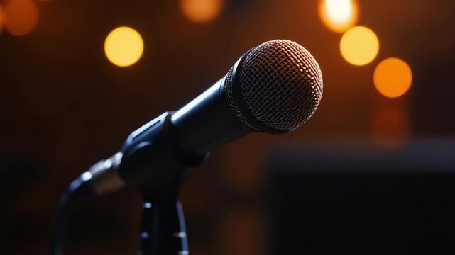 Microphone in the Spotlight: Close-up of a microphone, illuminated on a stage, ready for a performance or presentation, bathed in warm lighting against a blurred backdrop of bokeh lights.