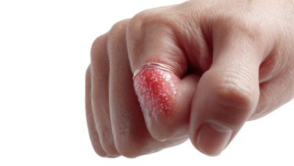 PNG of Close-up of a female hand with a ring, showing a painted red nail and sugar crystals, symbolizing sweetness and style.