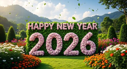 Happy New Year 2026 Festive Floral Celebration in a Lush Garden Setting
