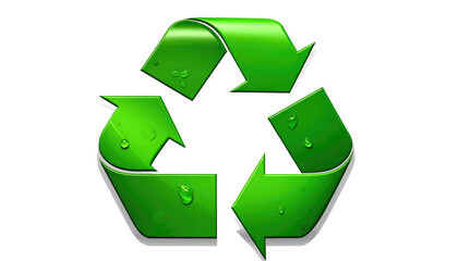Obraz premium Green triangular recycling symbol with curved arrows and water droplets on a solid black background