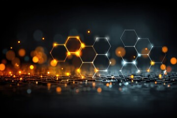 Illuminated Hexagons: Futuristic composition showcasing glowing hexagonal structures against a dark, dynamic backdrop, suggesting innovation and technological advancements.