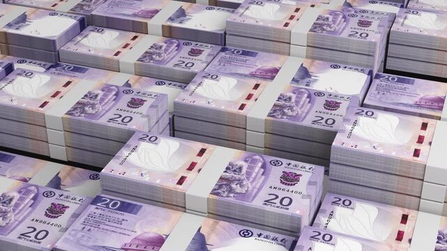Macau 20 Pataca Banknote Horizontal 3D Animation ? Realistic Currency Motion, Finance, Economy, Business Investment, Money Flow, and Banknote Visualization