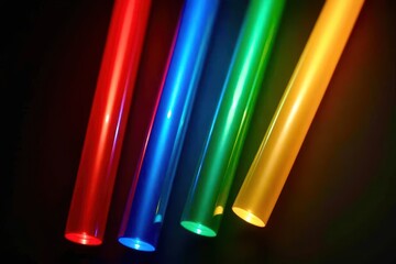 A row of five colored glass vases with a light inside