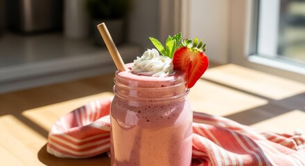 Delicious Strawberry Smoothie Decorated With Cream and Mint in a Mason Jar