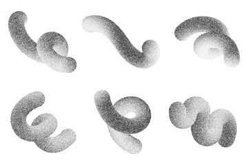 Abstract 3D gradient shapes. Wavy lines vector elements with noisy fluid texture. Fluid swirl grainy graphic with sandy effect. Stipple spiral swooshes and grunge trendy splashes.
