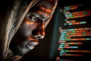 Digital Vigilance: A hooded individual, intently focused, meticulously examines lines of code displayed on a computer screen, a portrait of concentration.