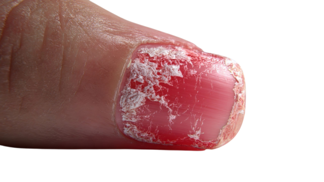 PNG of A close-up of a damaged and cracked pink fingernail, showcasing the texture and irregularities of the nail surface.