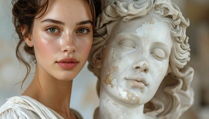 Beautiful Woman and Ancient Sculpture.