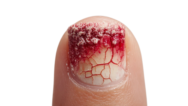 PNG of Close-up of a damaged fingernail with red and white colors, showcasing a cracked and distressed appearance.