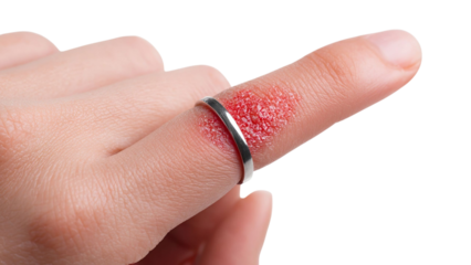 PNG of Close-up of a hand with a painful, red wound on a finger wearing a silver ring, emphasizing injury and healing.
