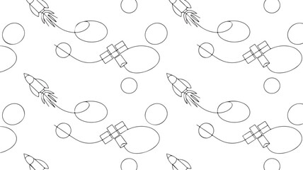  Rocket Continuous Line Art – Space Pattern with Planets and Satellites