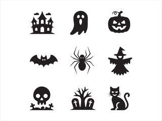 Fototapeta premium Isolated Flat Black Graphics of Classic Halloween Elements – Ghost, Evil Pumpkin, Flying Bat, Graveyard Skull and Crossbones, Witches Hat, and Black Cat